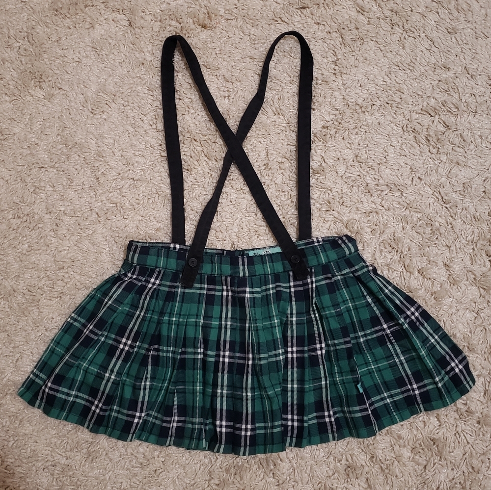 Royal Bones Pleated Plaid Suspender Skirt